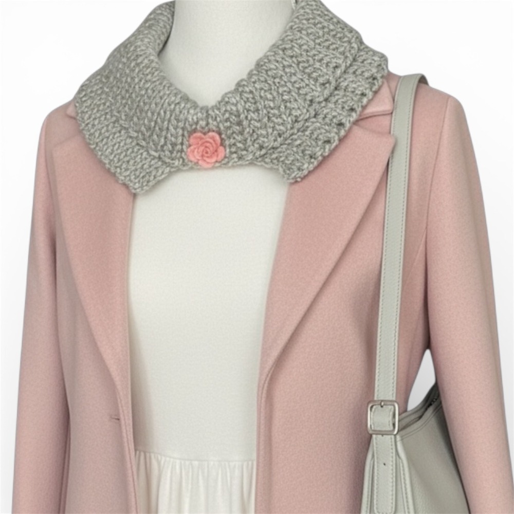 Handmade Knit Neck Warmer Cowl Collar Gray Sparkle Pink Rose Accent Cottagecore